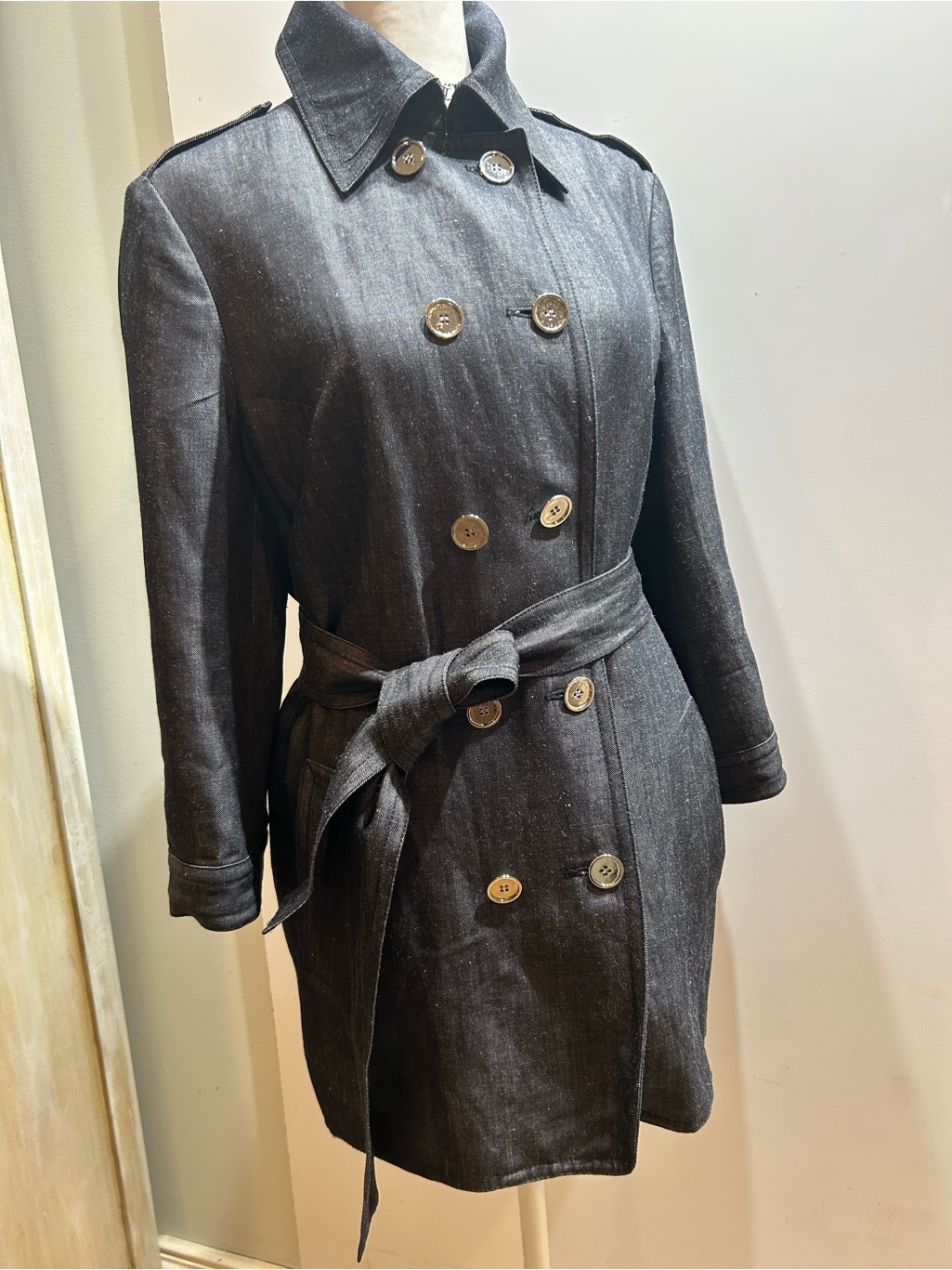 Per Se Blue Denim Trench Jacket Tropical Wool Linen Blend Sz 8 Nwot Lightweight
